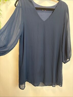 Lulu's Navy V-Neck Sheer Sleeve Midi Dress